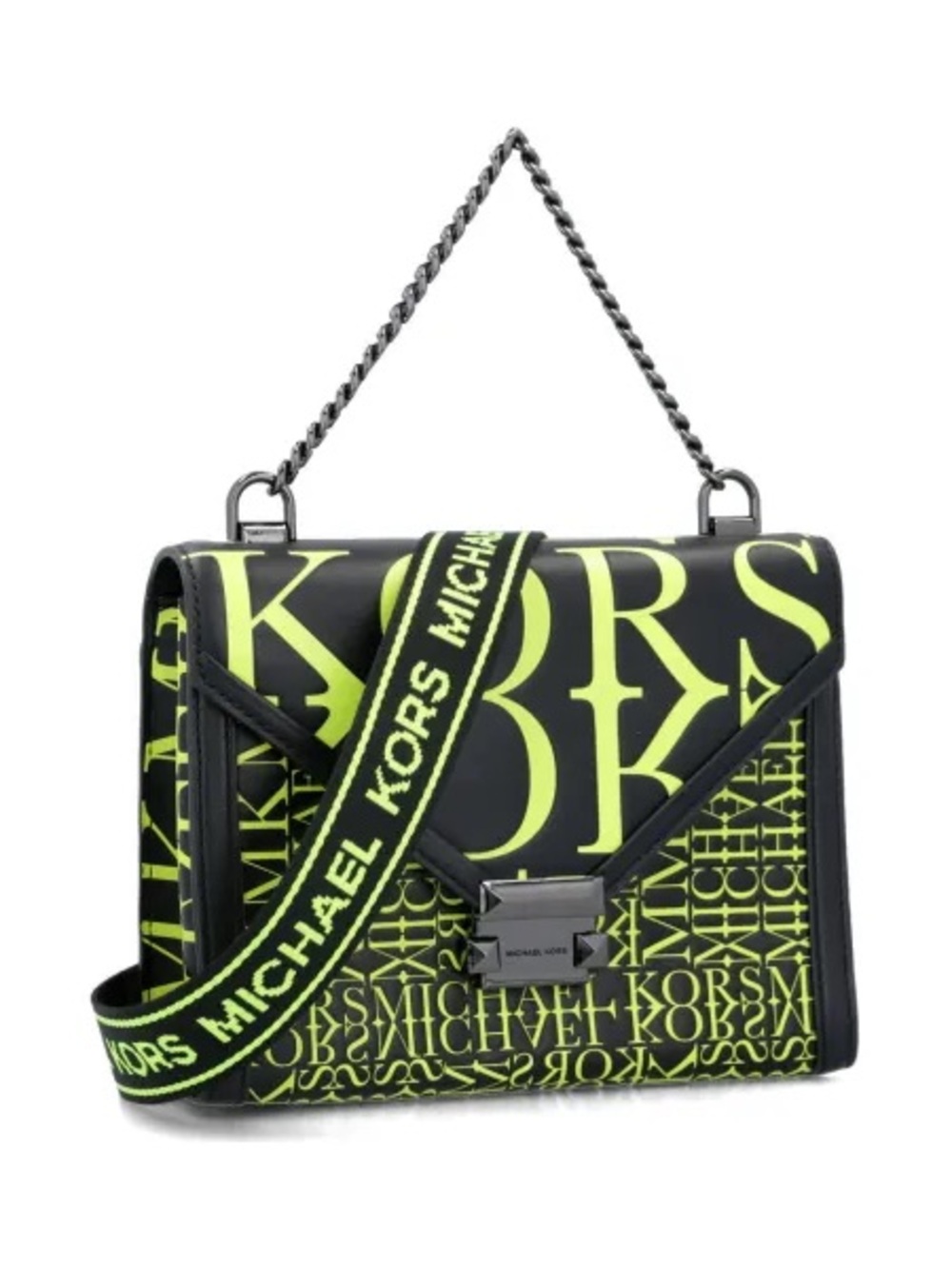 MICHAEL KORS Whitney Large Newsprint Logo Black Neon Green Leather Crossbody Bag